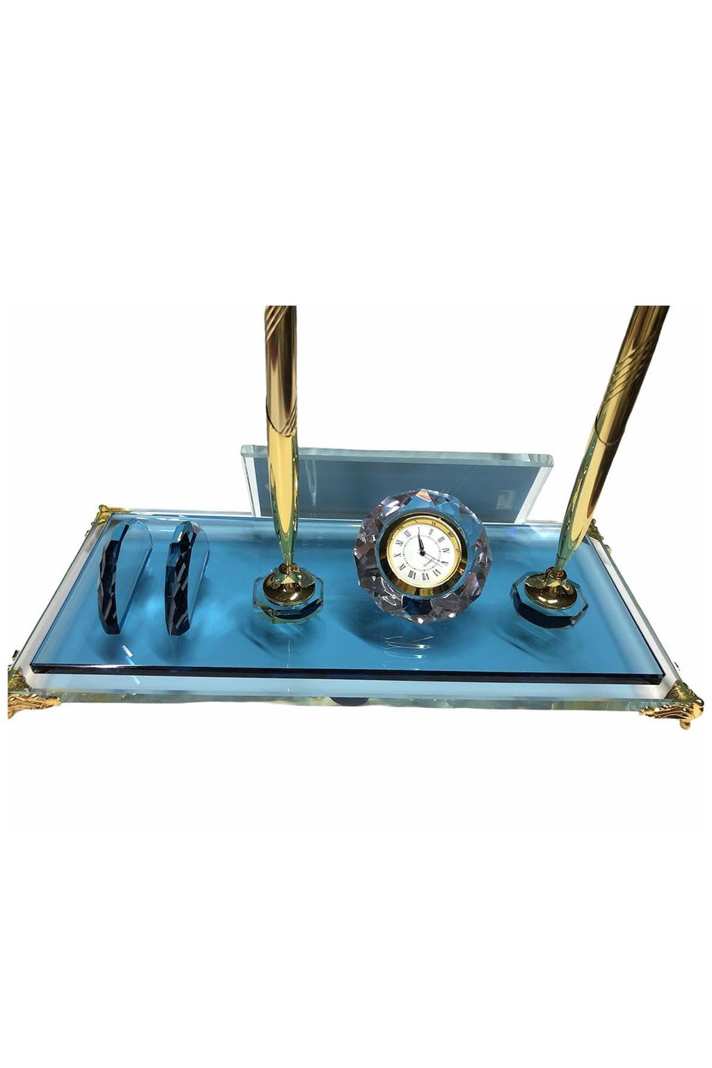 MOOG  Blue Glass Desk Name Plate With Clock Moogdesk