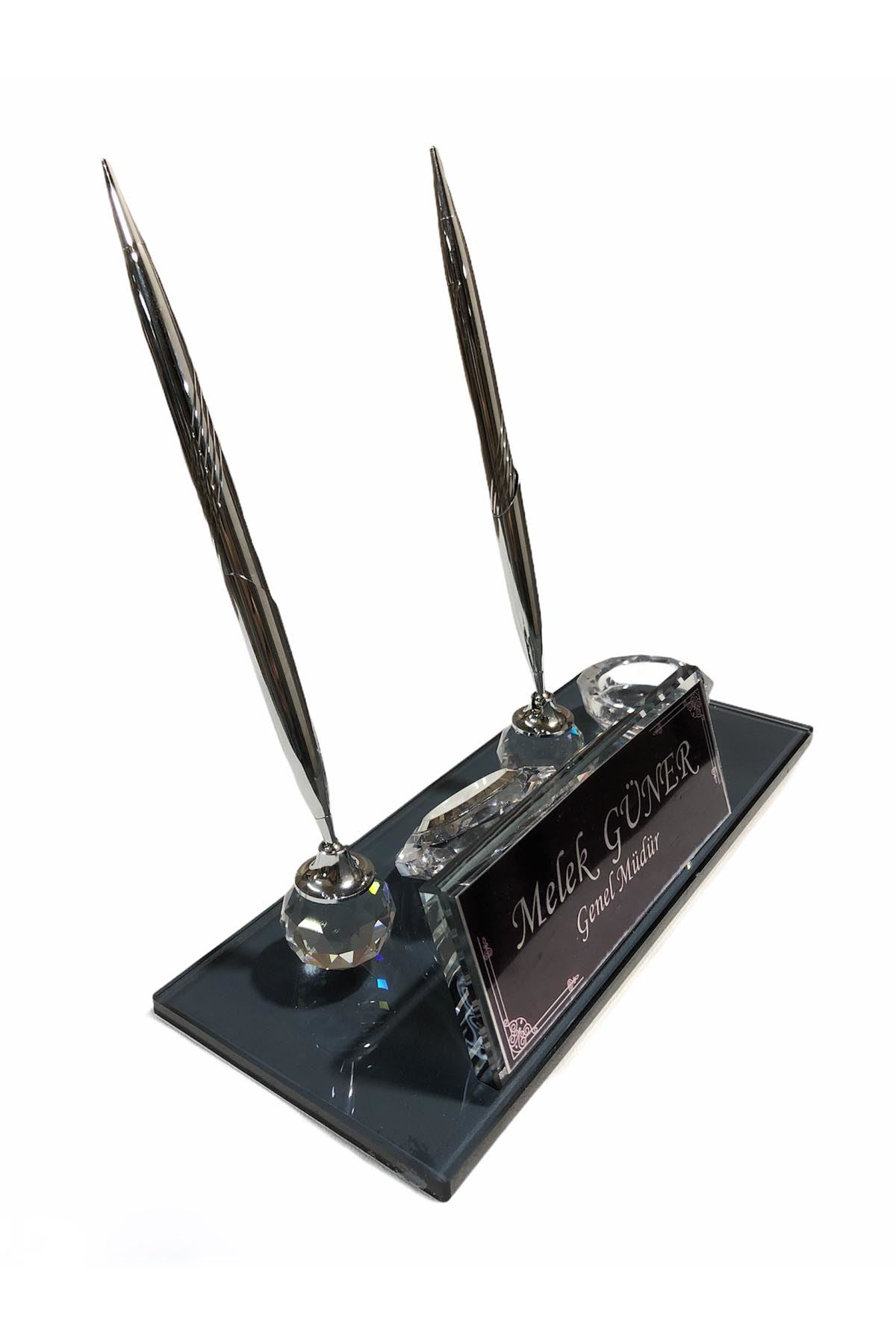 MOOG  Black Glass Desk Name Plate With Clock Moogdesk