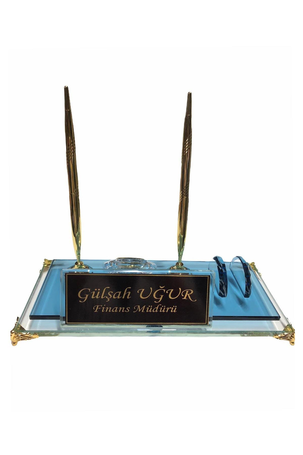 MOOG  Blue Glass Desk Name Plate With Clock Moogdesk