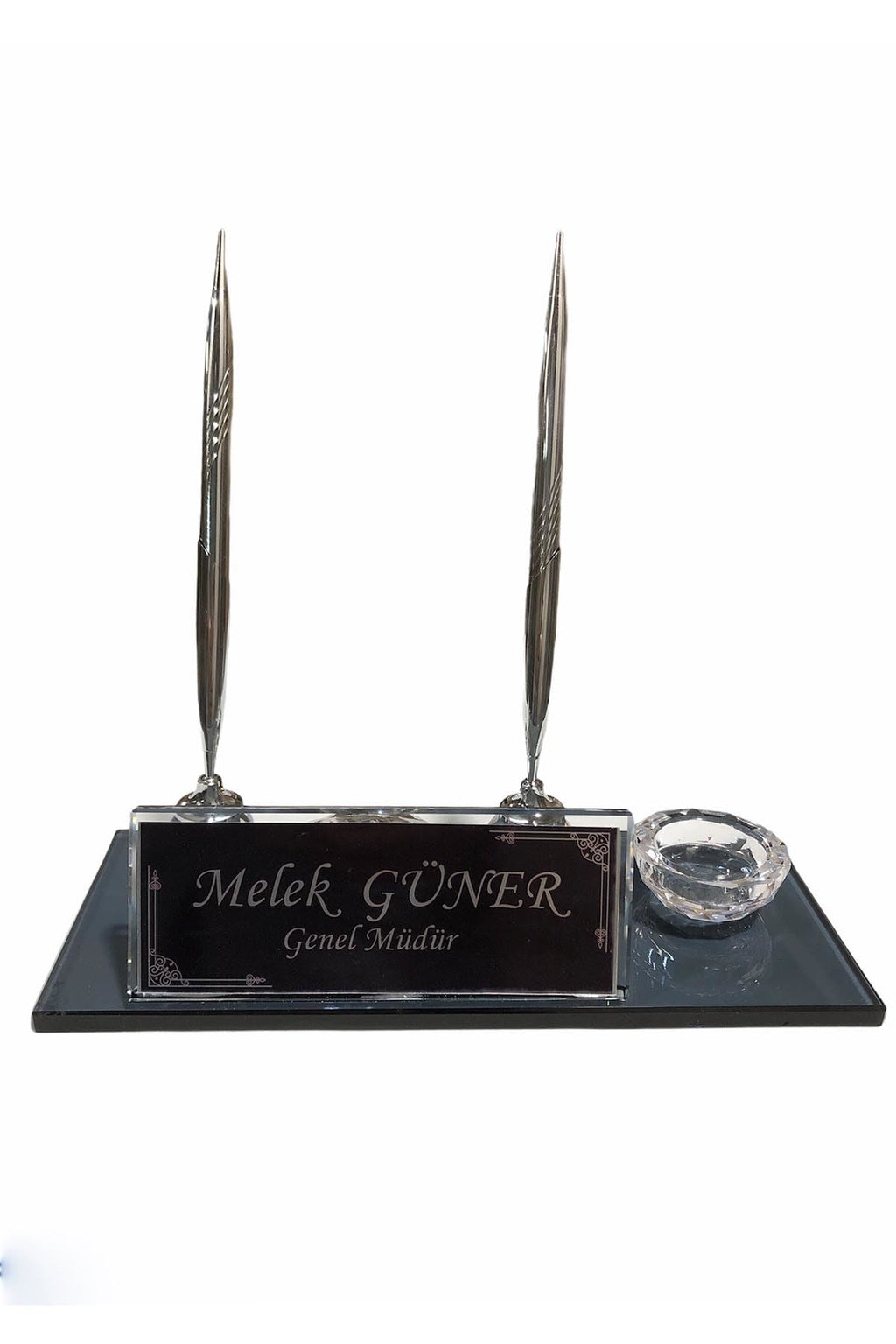 MOOG  Black Glass Desk Name Plate With Clock Moogdesk