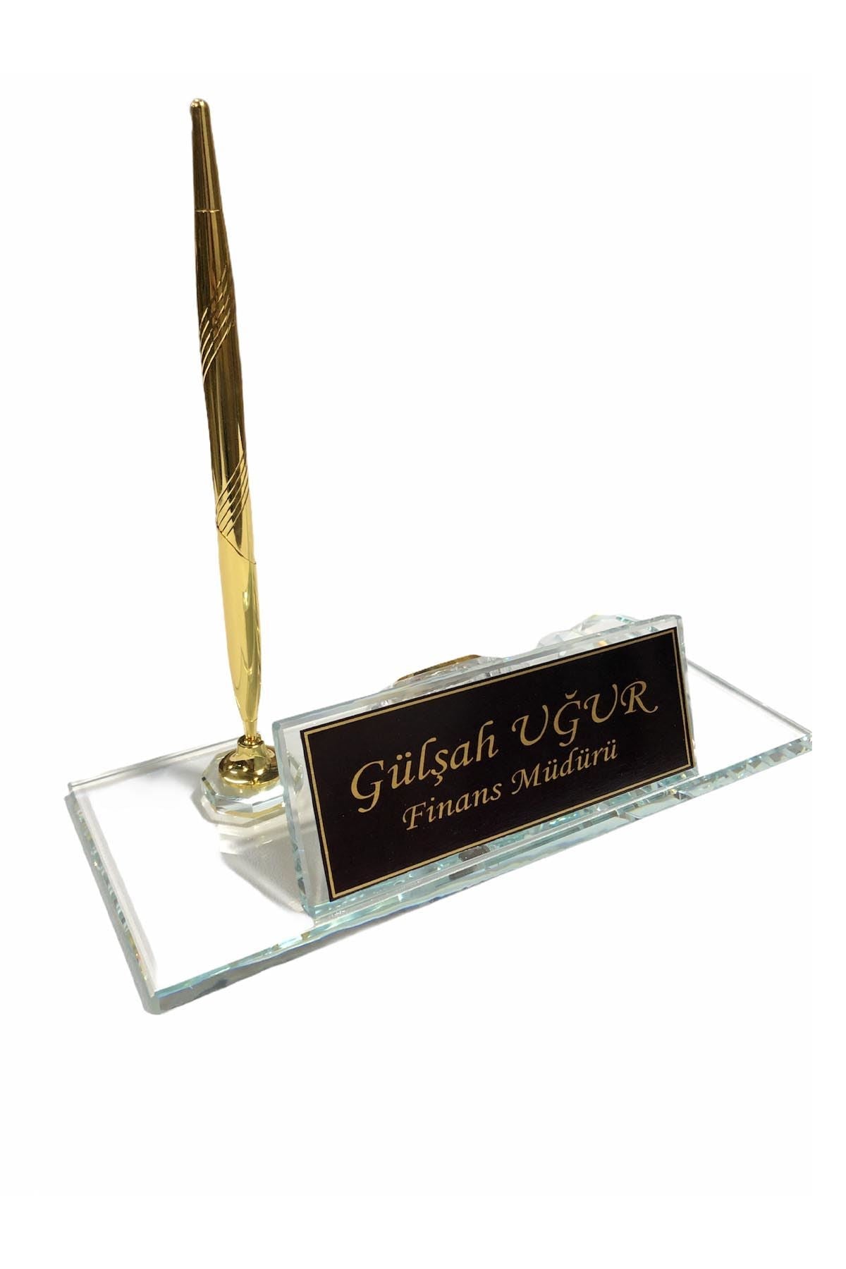 MOOG  Black Glass Desk Name Plate With Clock Moogdesk
