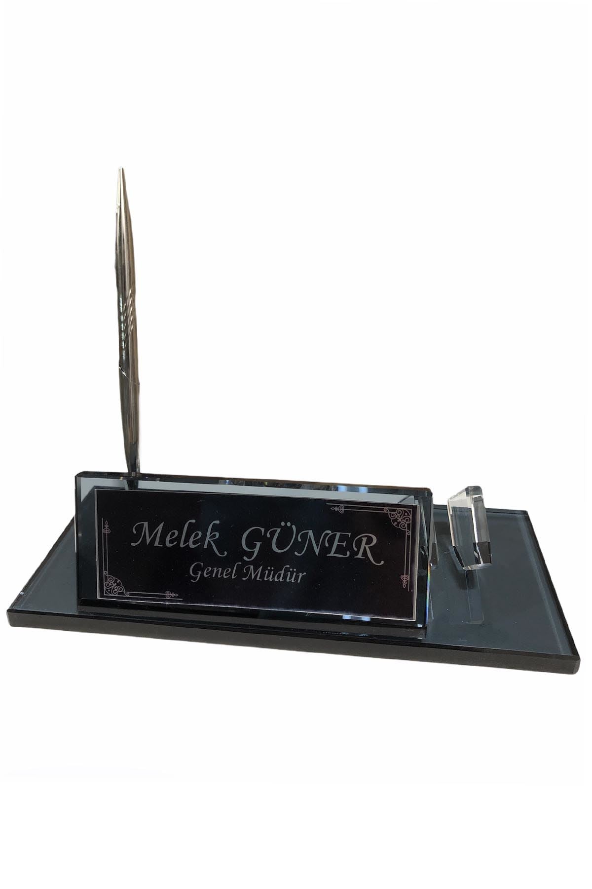 MOOG Black Glass Desk Name Plate With Clock Moogdesk