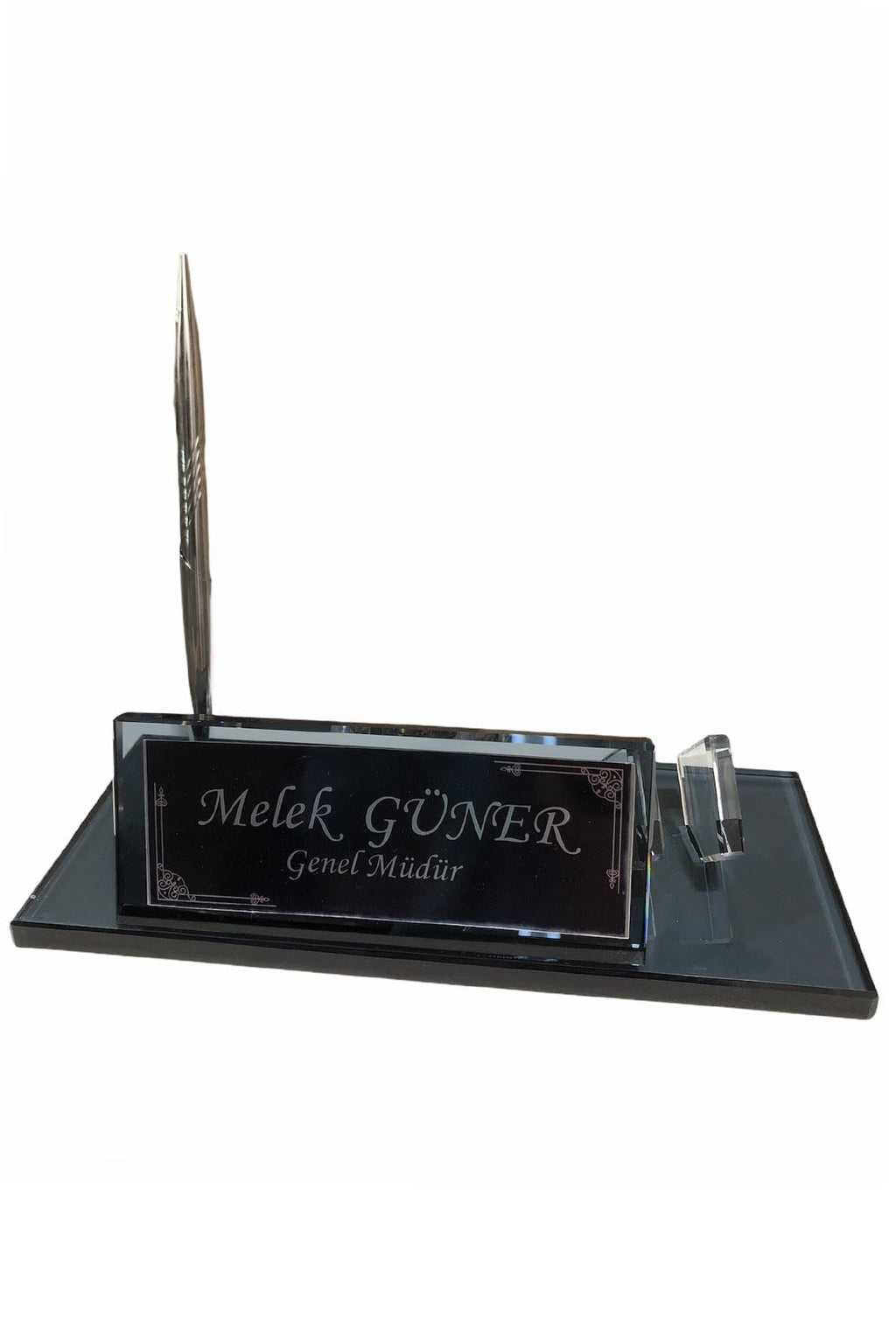 MOOG  Black Glass Desk Name Plate With Clock Moogdesk