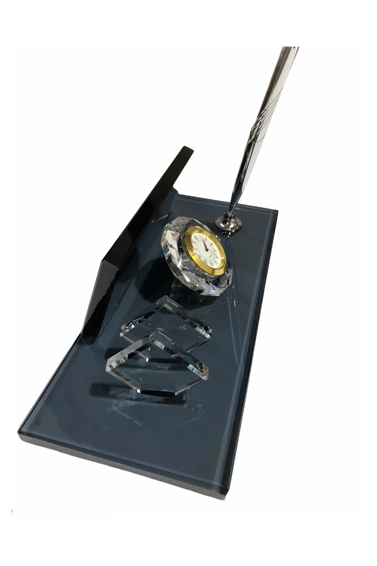 MOOG Black Glass Desk Name Plate With Clock Moogdesk