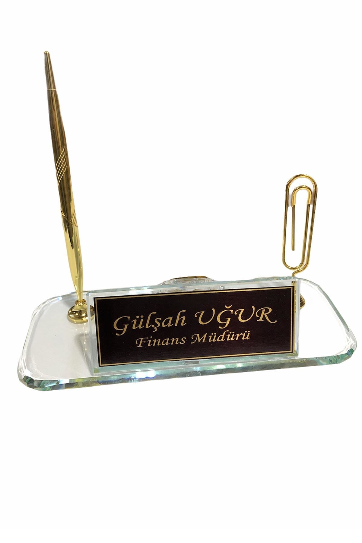 MOOG  Black Glass Desk Name Plate With Clock Moogdesk