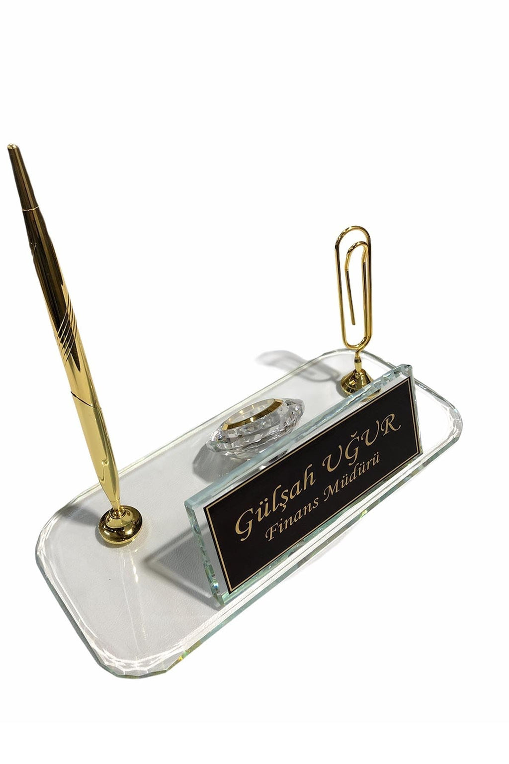 MOOG  Glass Desk Name Plate With Golden Pen Moogdesk
