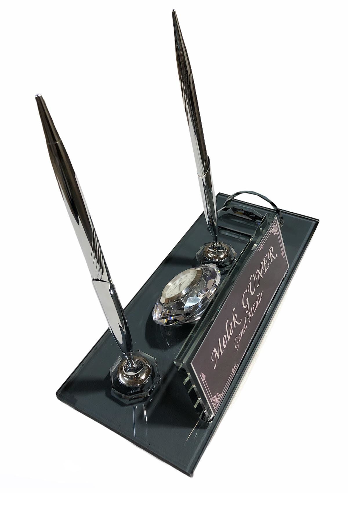 MOOG  Black Glass Desk Name Plate With Clock Moogdesk