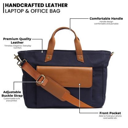 Voyager Canvas Leather Briefcase, Dark Blue Classy Leather Bags