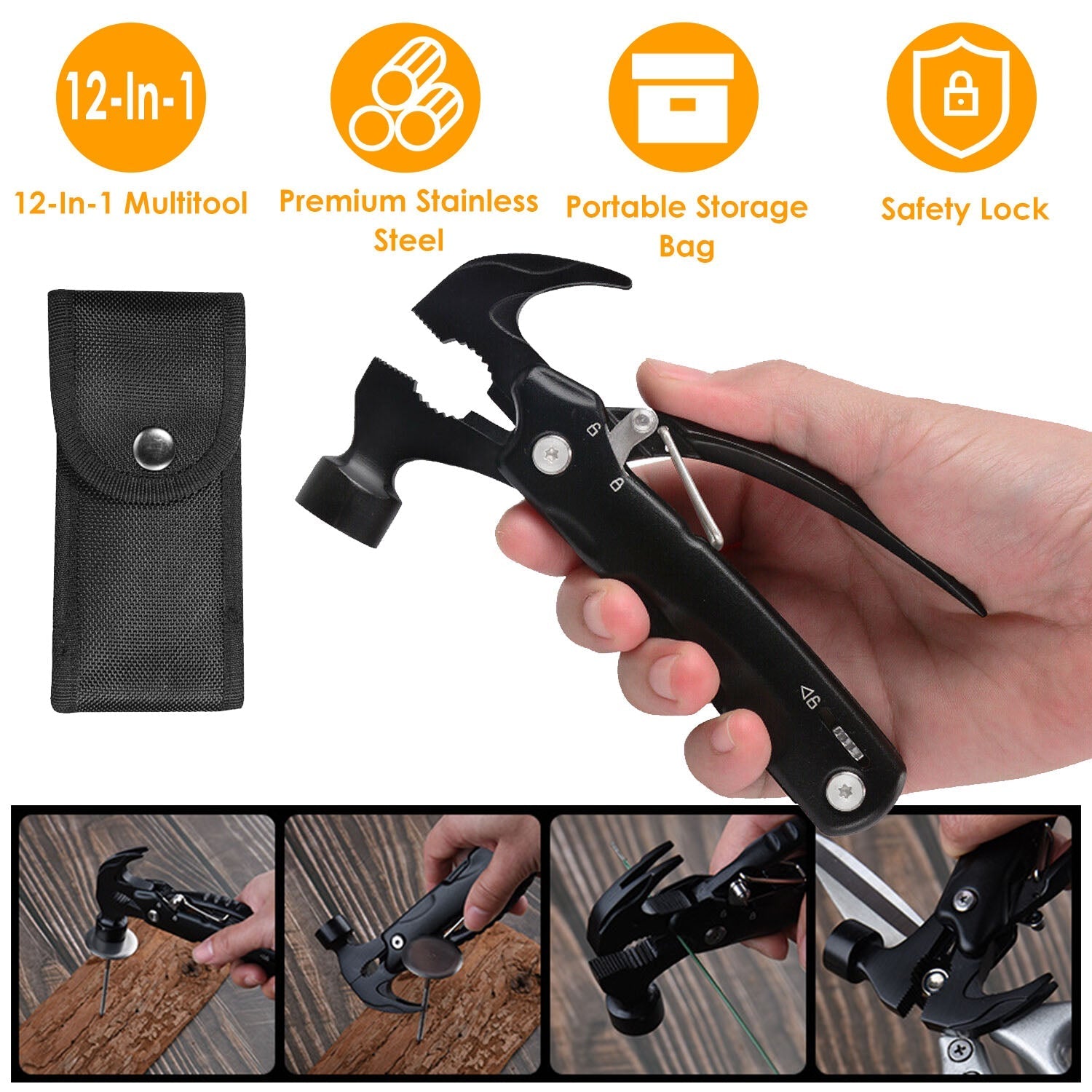 12 in 1 Hammer Multitool Portable Stainless Steel Mini Hammer Survival Tool Camping Gear Unique Gifts for Dad Husband Brother Boyfriend GemGear