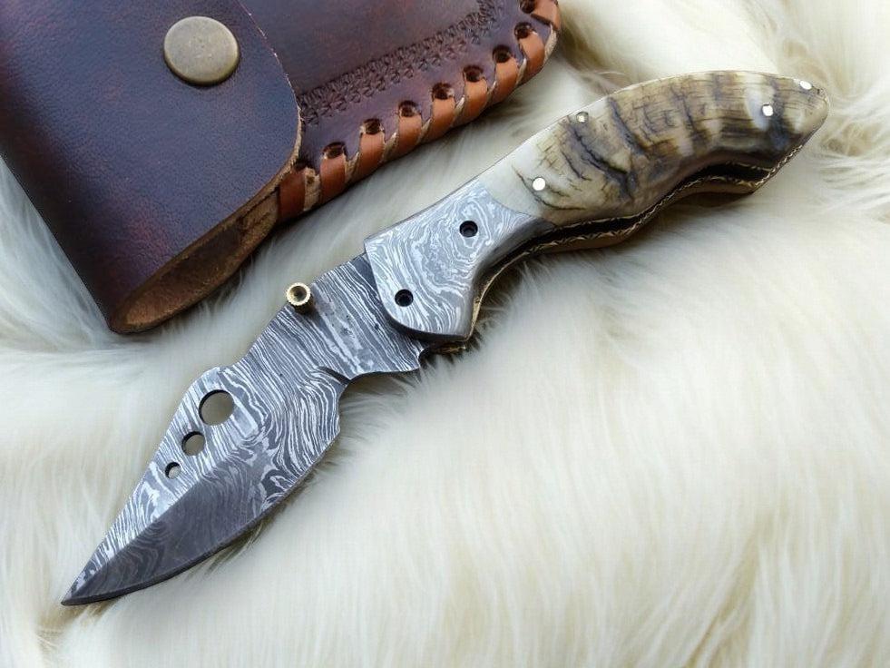 Handmade Damascus Pocket Knife with Sheep Horn Handle Damascus Knife Store