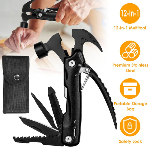 12 in 1 Hammer Multitool Portable Stainless Steel Mini Hammer Survival Tool Camping Gear Unique Gifts for Dad Husband Brother Boyfriend GemGear