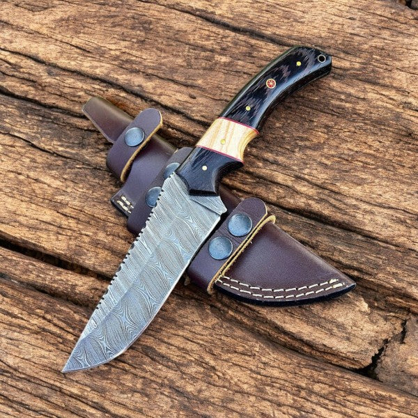 Custom Handmade Damascus Hunting Knife – 10" with Wenge & Olivewood Handle Damascus Knife Store