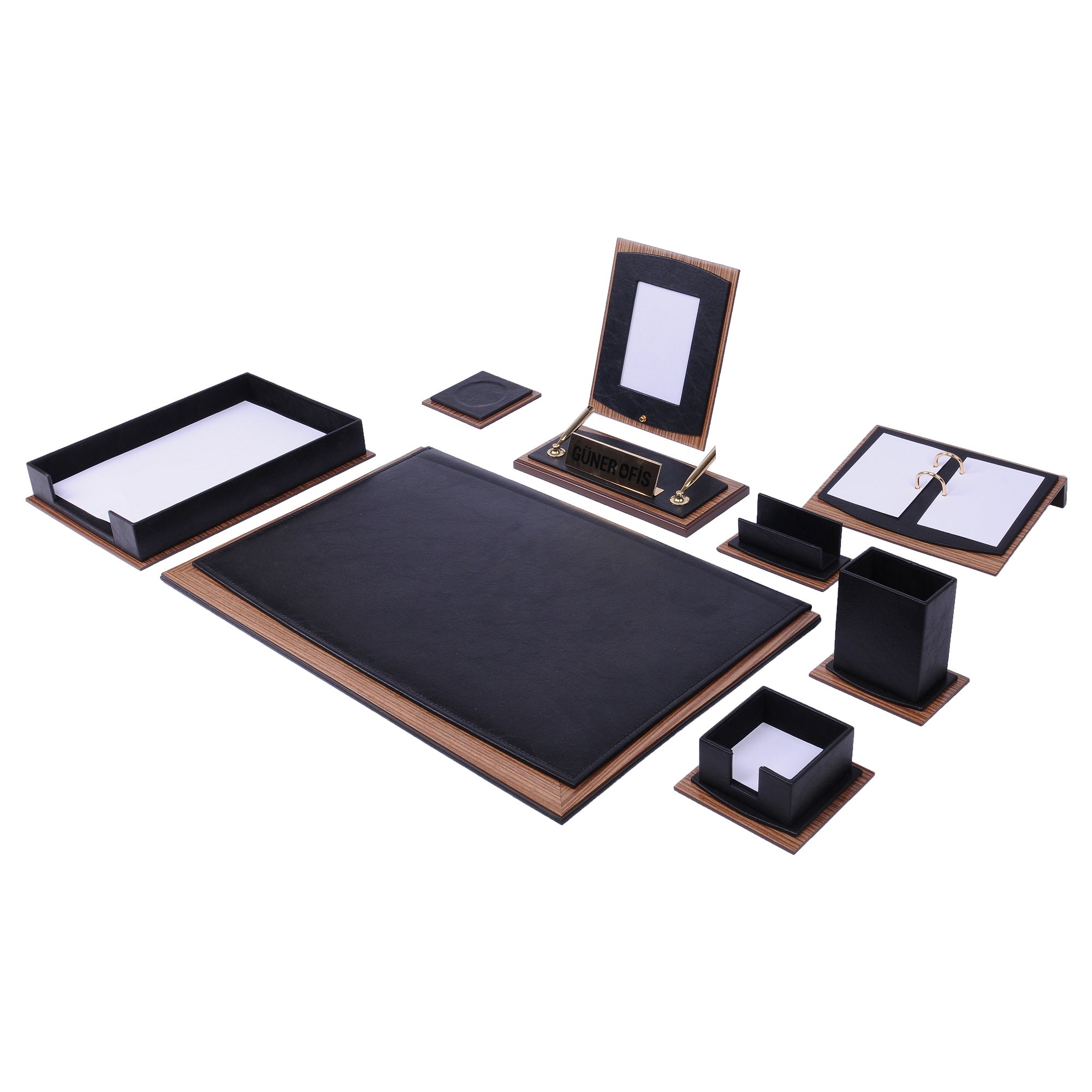 MOOG Star Leather Desk Set -Walnut Wood Combination - White -11 PCS Moogdesk