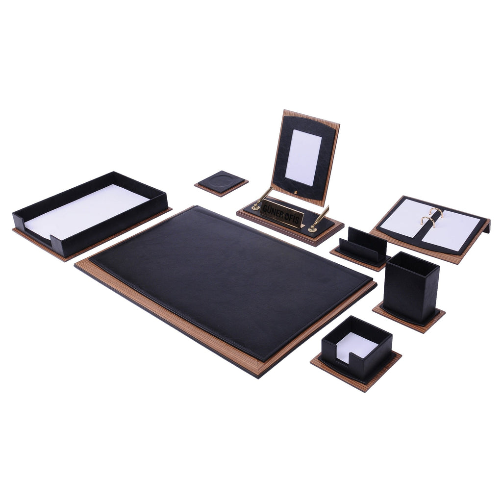 MOOG Star Leather Desk Set -Walnut Wood Combination - Brown -11 PCS Moogdesk