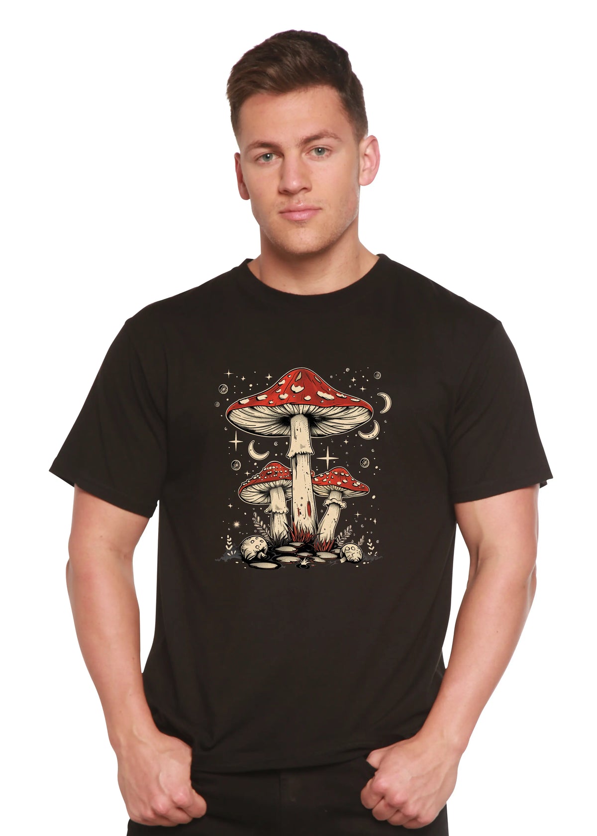 Boho Retro Hippie Mushrooms Natural Unisex Bamboo/Cotton Graphic T-Shirt Spun Bamboo