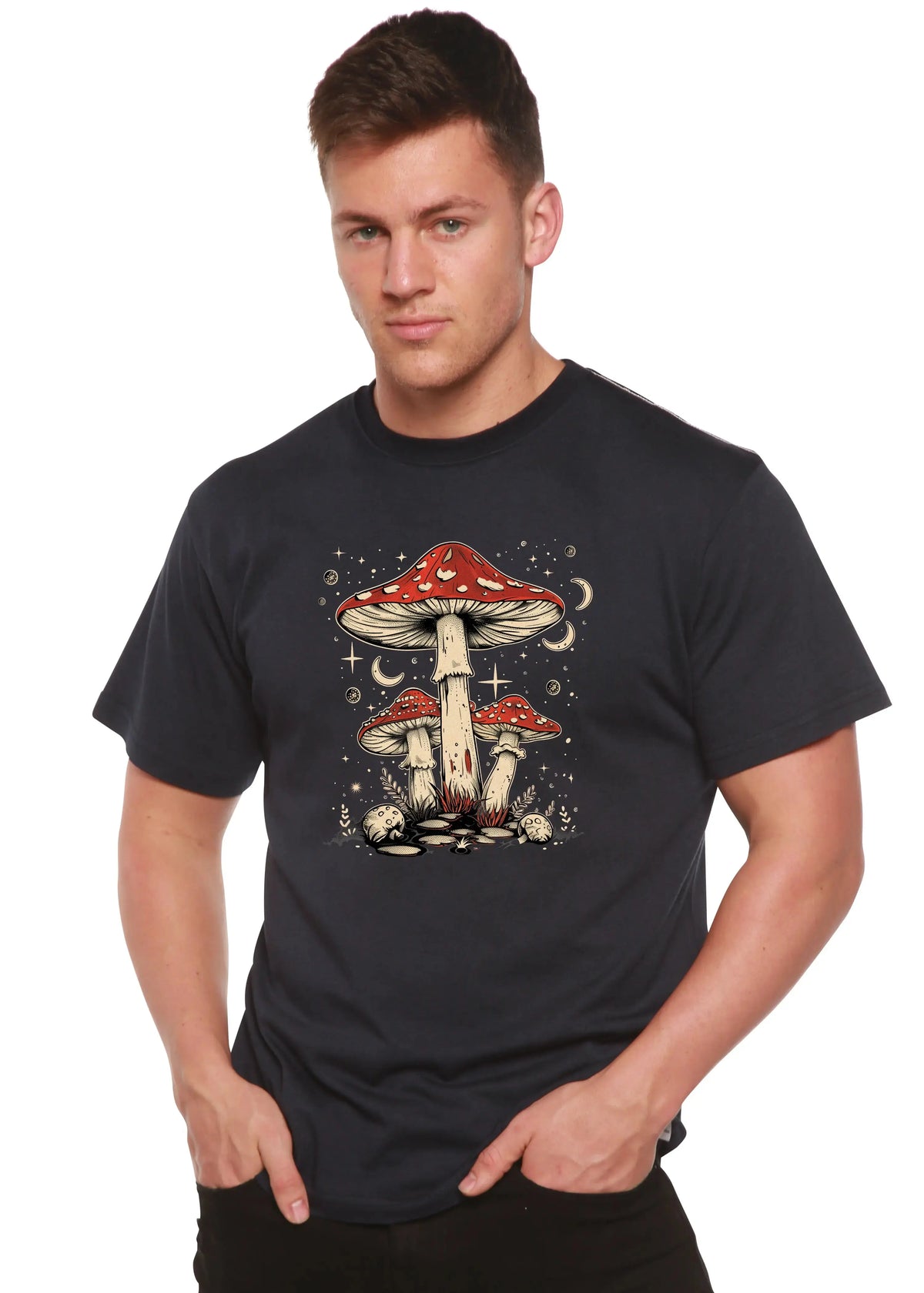 Boho Retro Hippie Mushrooms Natural Unisex Bamboo/Cotton Graphic T-Shirt Spun Bamboo