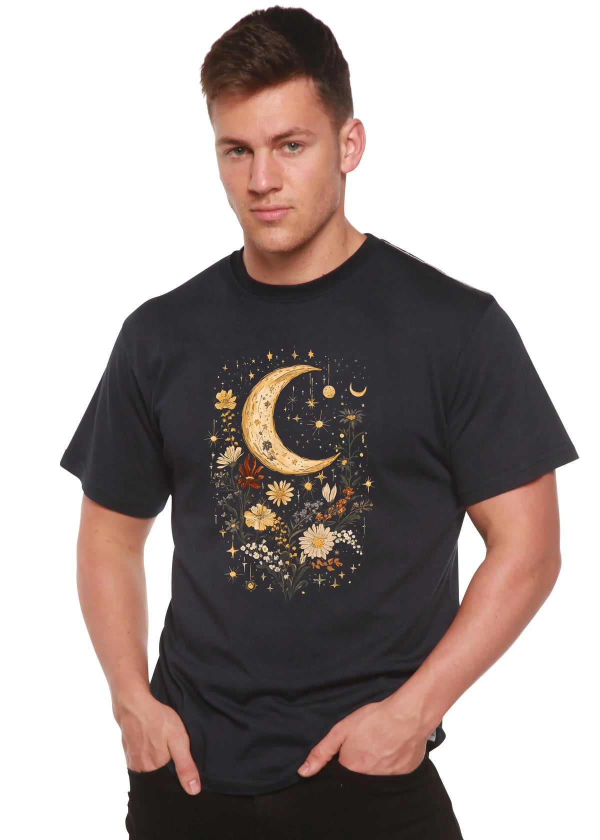 Celestial Moon Boho Flowers Vintage Unisex Bamboo/Cotton Graphic T-Shirt Spun Bamboo