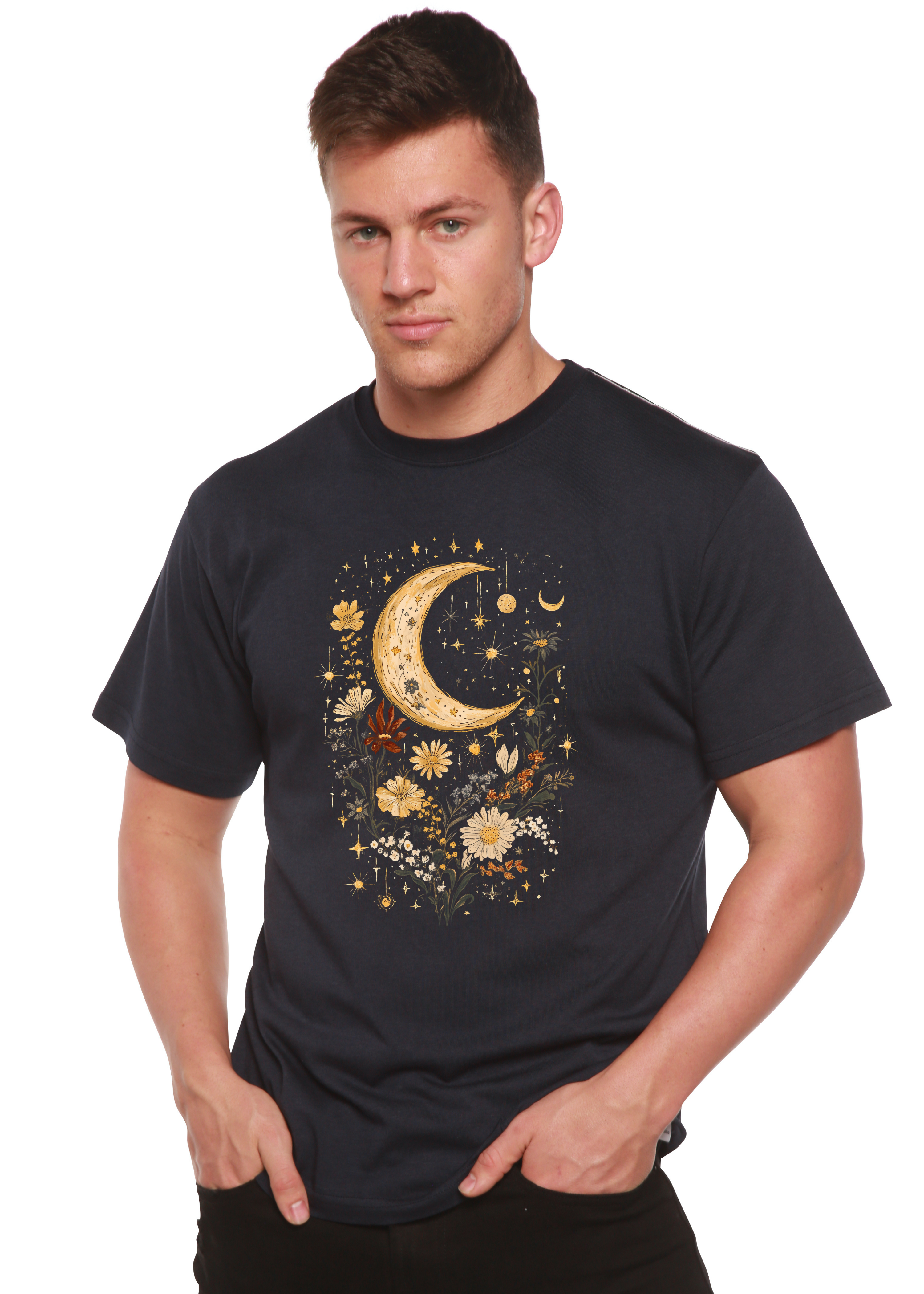 Celestial Moon Boho Flowers Vintage Unisex Bamboo/Cotton Graphic T-Shirt Spun Bamboo