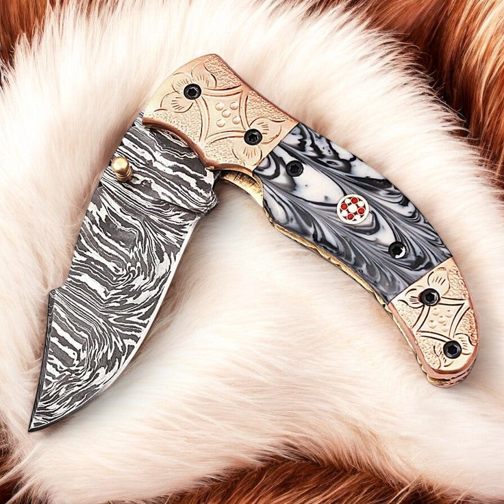 Custom Handmade Damascus Pocket Knife – Epoxy Resin Handle Damascus Knife Store