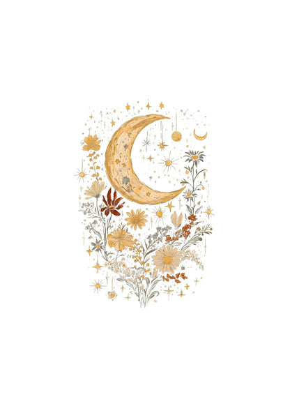 Celestial Moon Boho Flowers Vintage Unisex Bamboo/Cotton Graphic T-Shirt Spun Bamboo