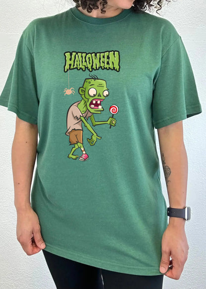 Halloween Green Monster Unisex Bamboo Viscose/Organic Cotton Short Sleeve Graphic T-Shirt Spun Bamboo