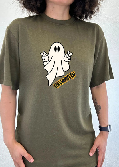 Halloween Ghost Unisex Bamboo Viscose/Organic Cotton Short Sleeve Graphic T-Shirt Spun Bamboo