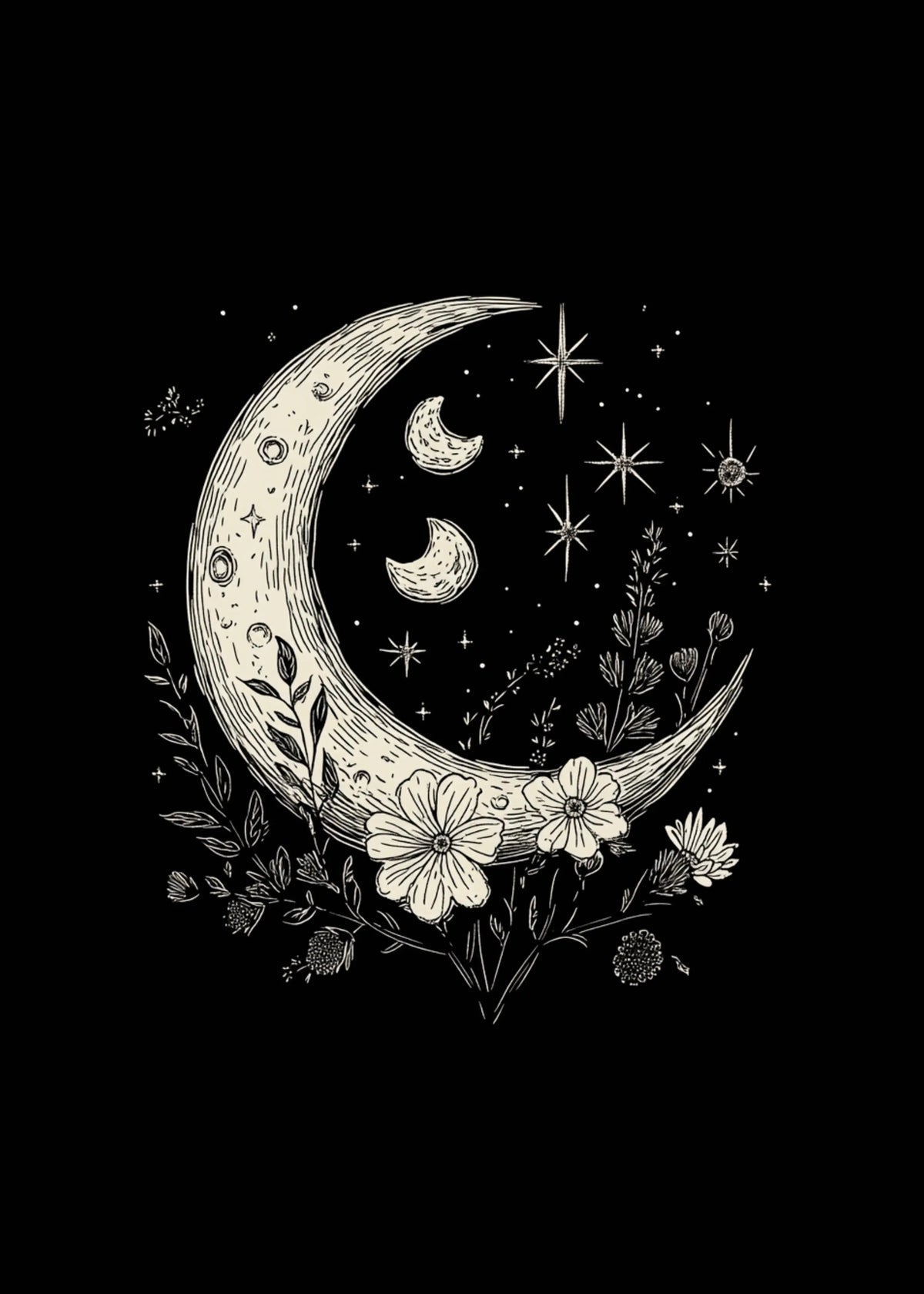 Moons and Stars Boho Flowers Vintage Unisex Bamboo/Cotton Graphic T-Shirt Spun Bamboo