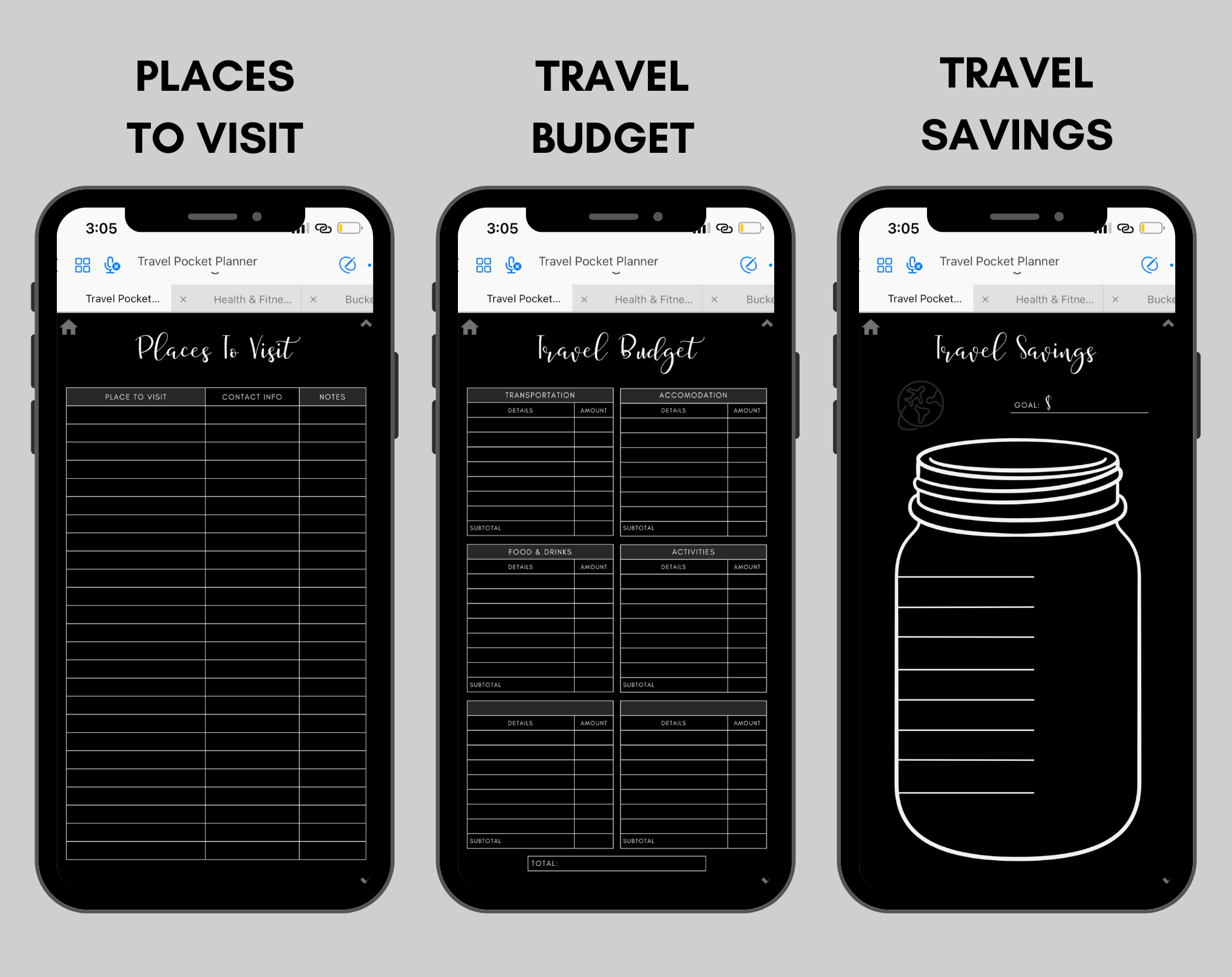 Digital Travel Phone Planner Dark Mode Jessica Autumn