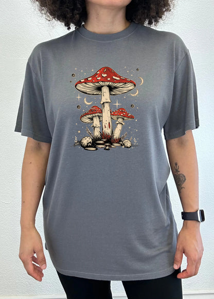 Boho Retro Hippie Mushrooms Natural Unisex Bamboo/Cotton Graphic T-Shirt Spun Bamboo
