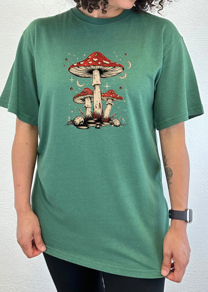 Boho Retro Hippie Mushrooms Natural Unisex Bamboo/Cotton Graphic T-Shirt Spun Bamboo