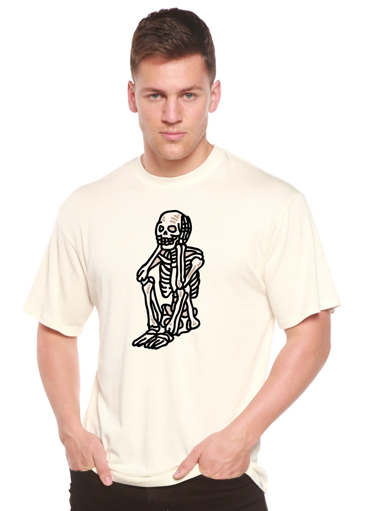 Sad Skeleton Halloween Unisex Bamboo Viscose/Organic Cotton Short Sleeve Graphic T-Shirt Spun Bamboo