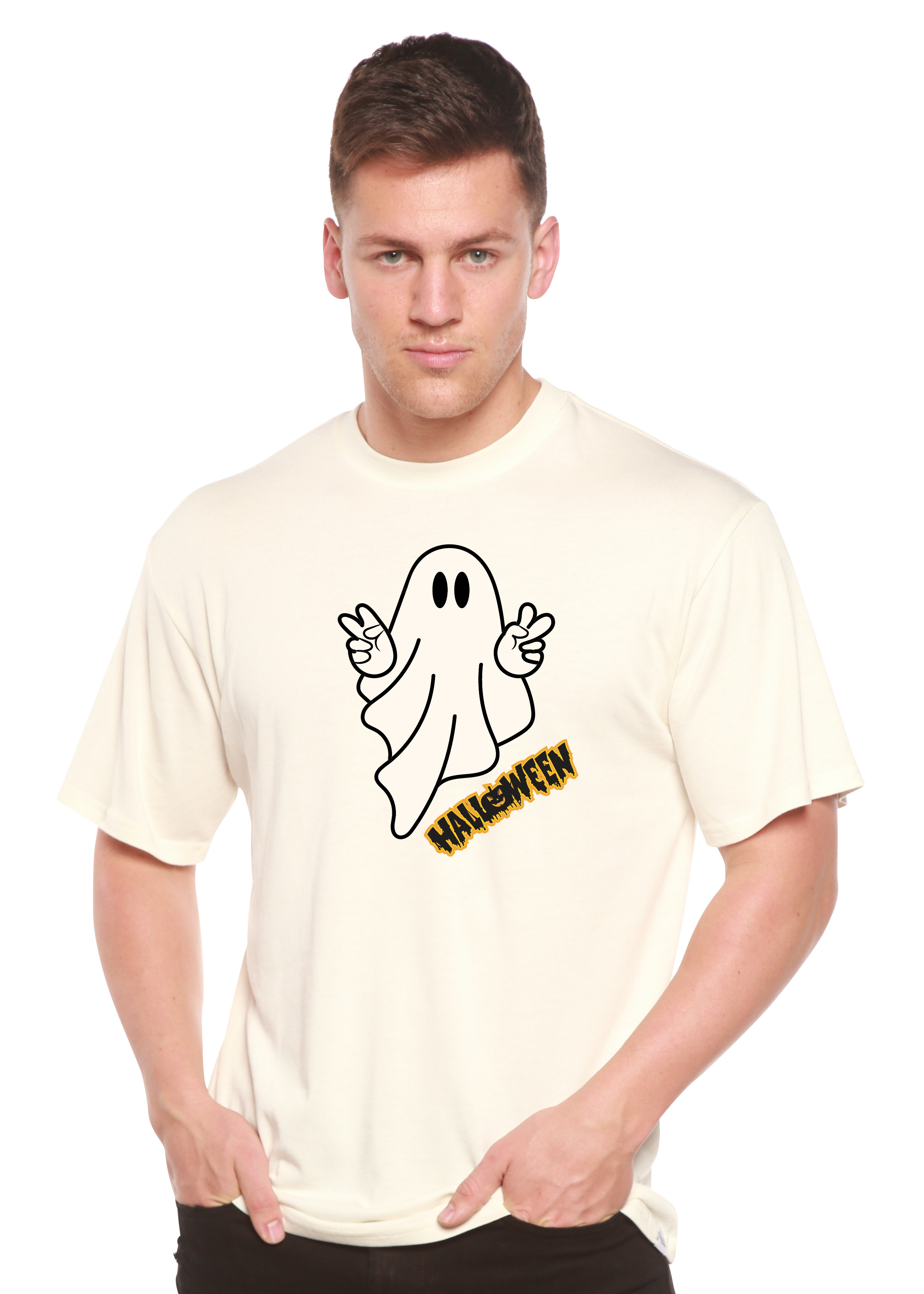 Halloween Ghost Unisex Bamboo Viscose/Organic Cotton Short Sleeve Graphic T-Shirt Spun Bamboo