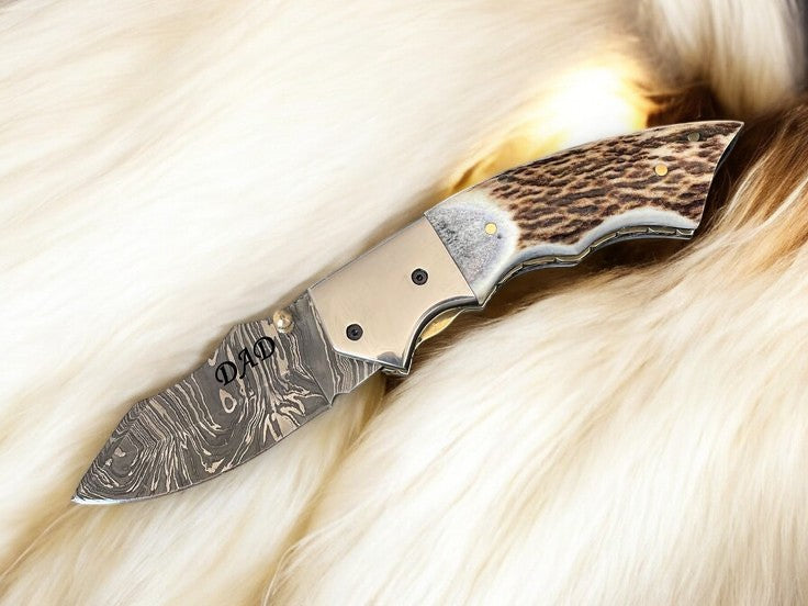 Custom Handmade Damascus Pocket Knife – Stag Horn Handle Damascus Knife Store