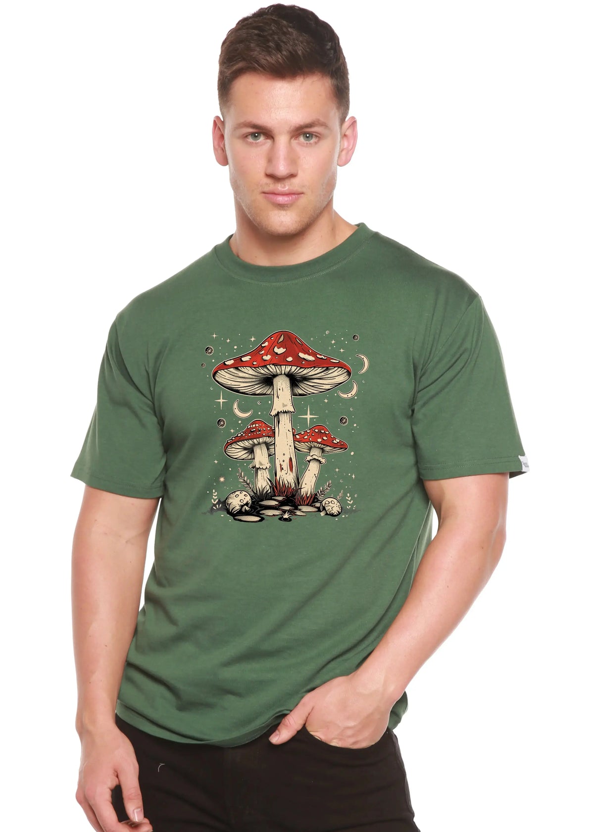 Boho Retro Hippie Mushrooms Natural Unisex Bamboo/Cotton Graphic T-Shirt Spun Bamboo