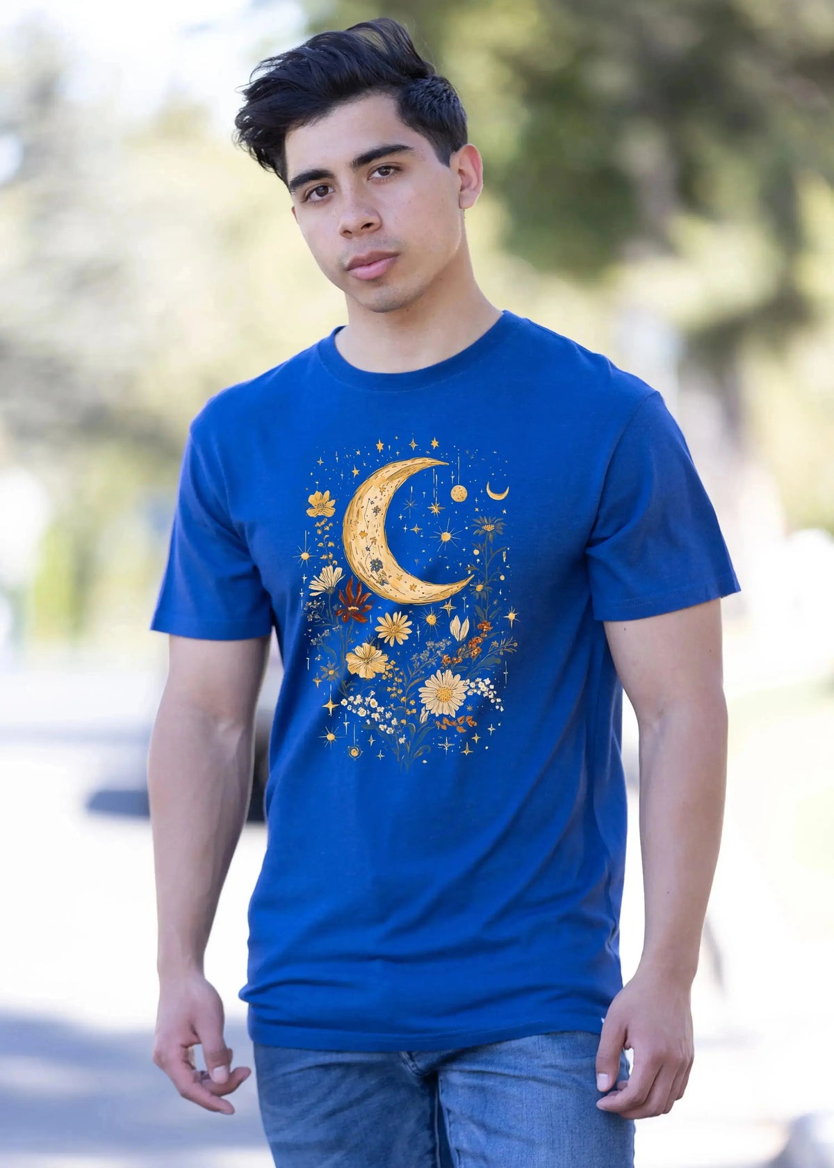 Celestial Moon Boho Flowers Vintage Unisex Bamboo/Cotton Graphic T-Shirt Spun Bamboo