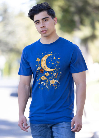 Celestial Moon Boho Flowers Vintage Unisex Bamboo/Cotton Graphic T-Shirt Spun Bamboo