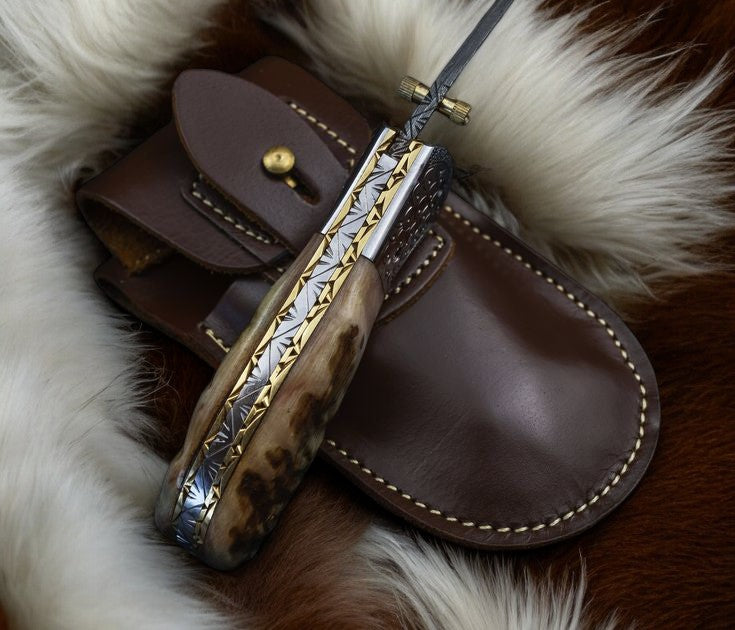 Custom Handmade Damascus Steel Pocket Knife – Sheep Horn Damascus Knife Store
