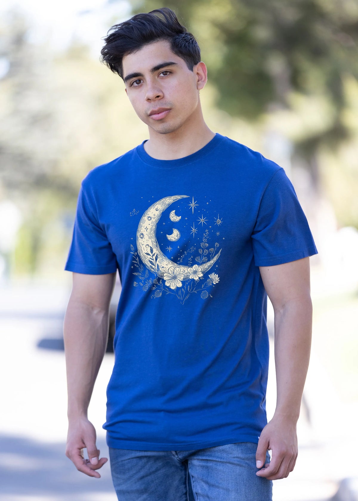 Moons and Stars Boho Flowers Vintage Unisex Bamboo/Cotton Graphic T-Shirt Spun Bamboo