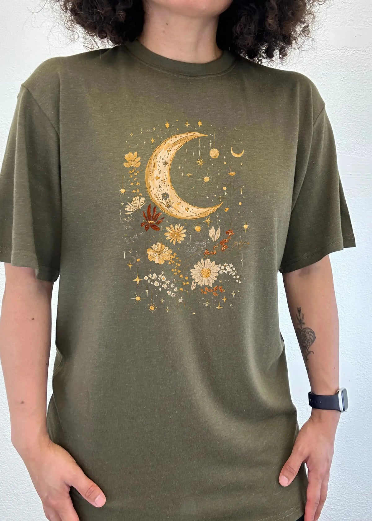 Celestial Moon Boho Flowers Vintage Unisex Bamboo/Cotton Graphic T-Shirt Spun Bamboo