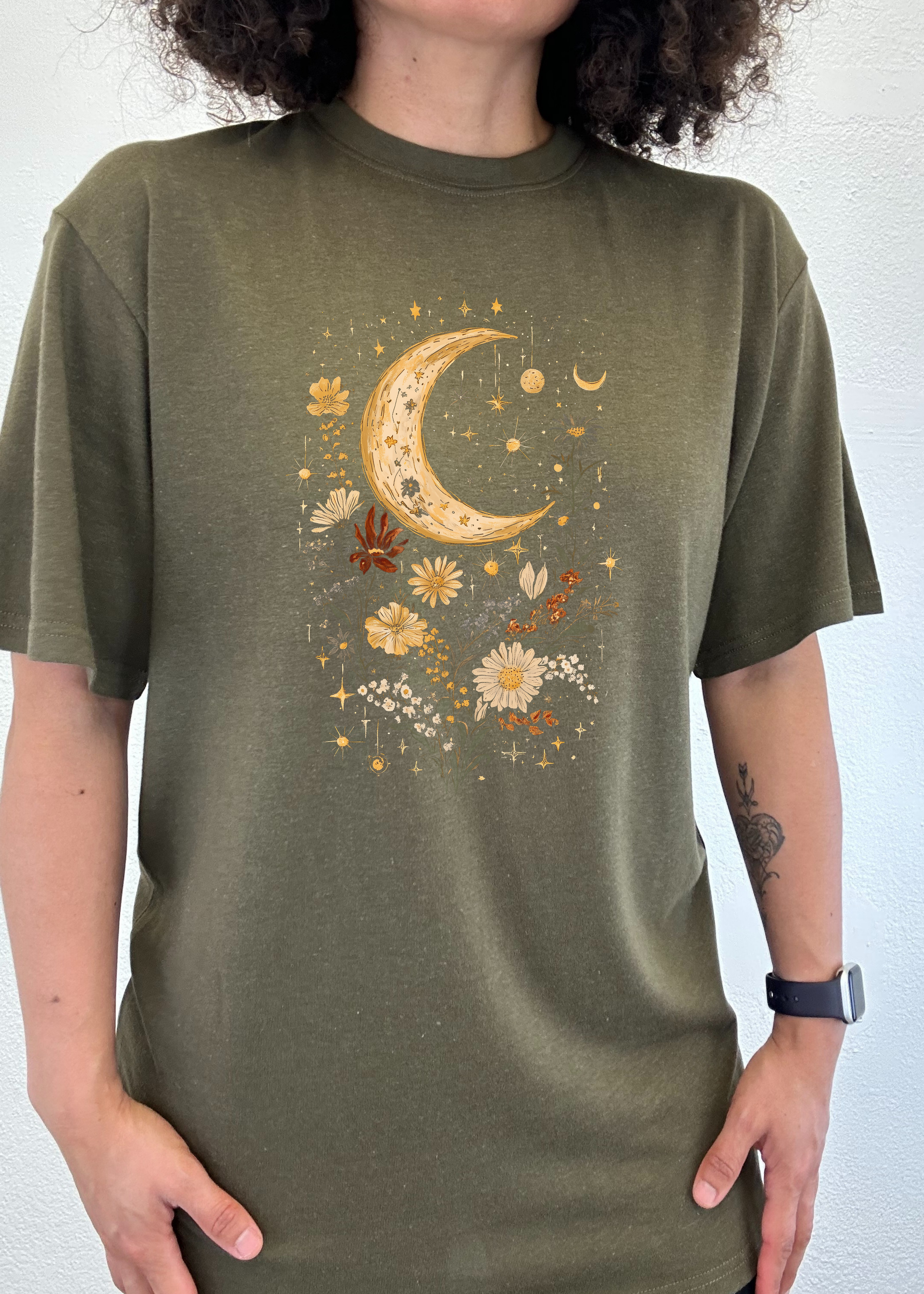 Celestial Moon Boho Flowers Vintage Unisex Bamboo/Cotton Graphic T-Shirt Spun Bamboo