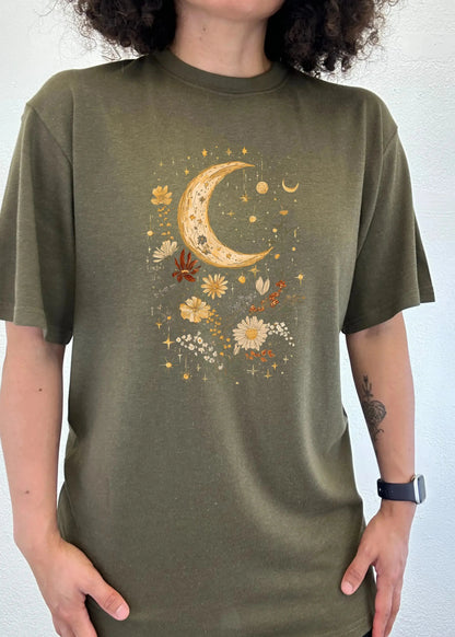 Celestial Moon Boho Flowers Vintage Unisex Bamboo/Cotton Graphic T-Shirt Spun Bamboo