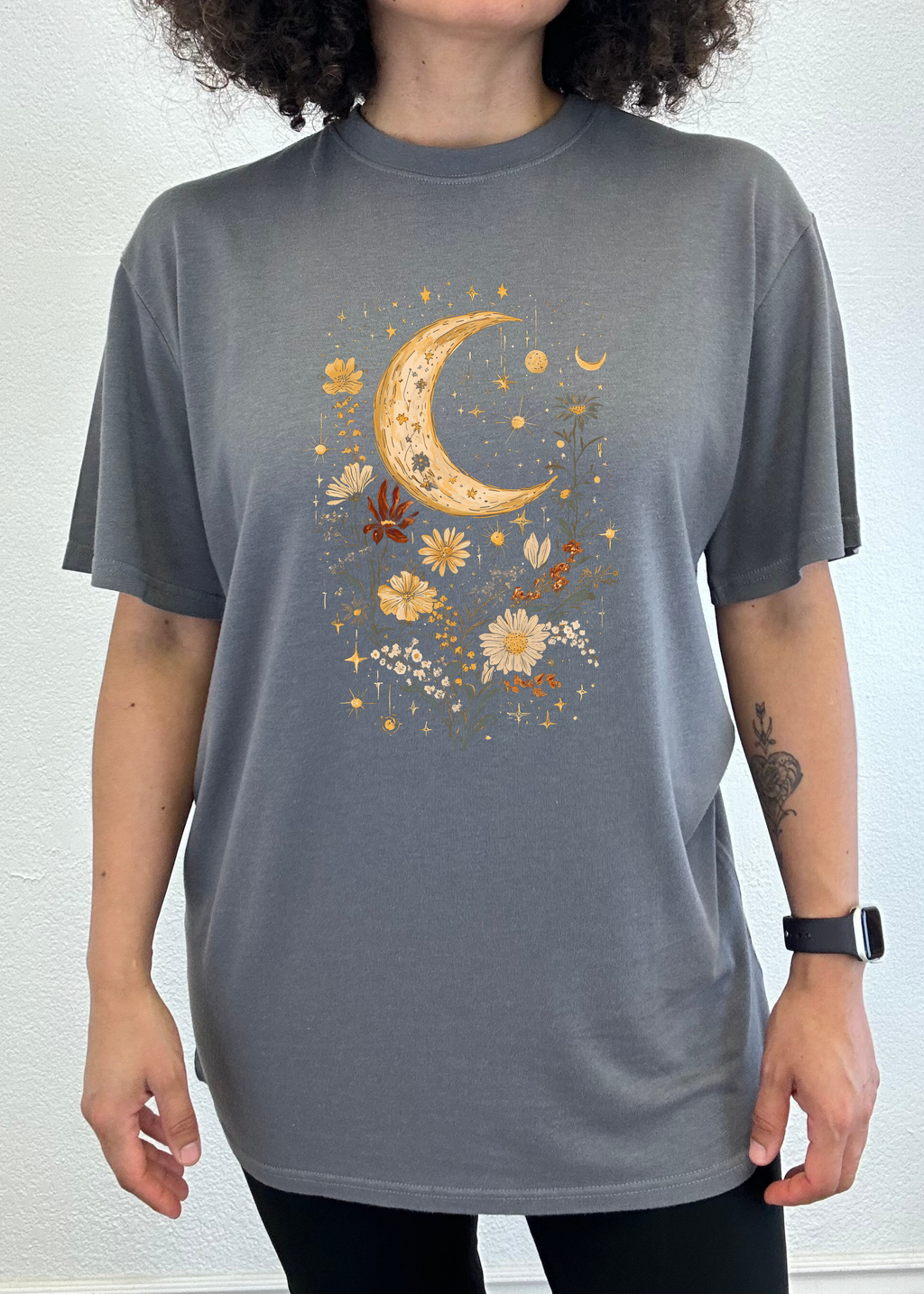Celestial Moon Boho Flowers Vintage Unisex Bamboo/Cotton Graphic T-Shirt Spun Bamboo