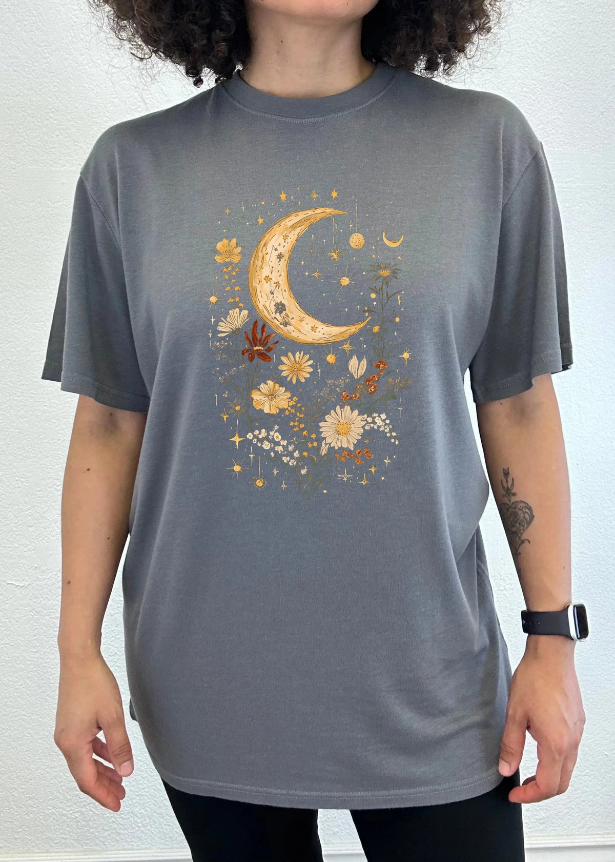 Celestial Moon Boho Flowers Vintage Unisex Bamboo/Cotton Graphic T-Shirt Spun Bamboo
