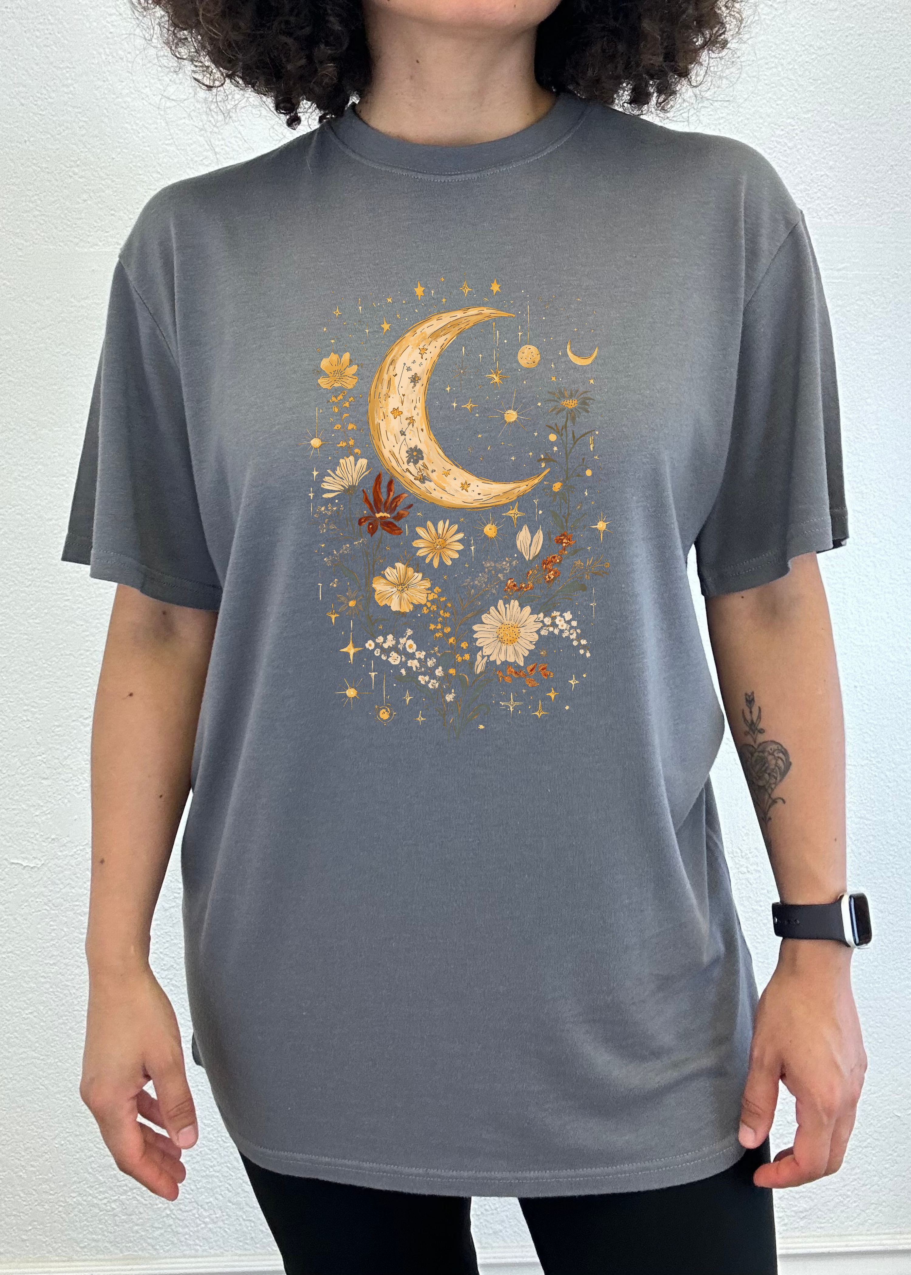 Celestial Moon Boho Flowers Vintage Unisex Bamboo/Cotton Graphic T-Shirt Spun Bamboo