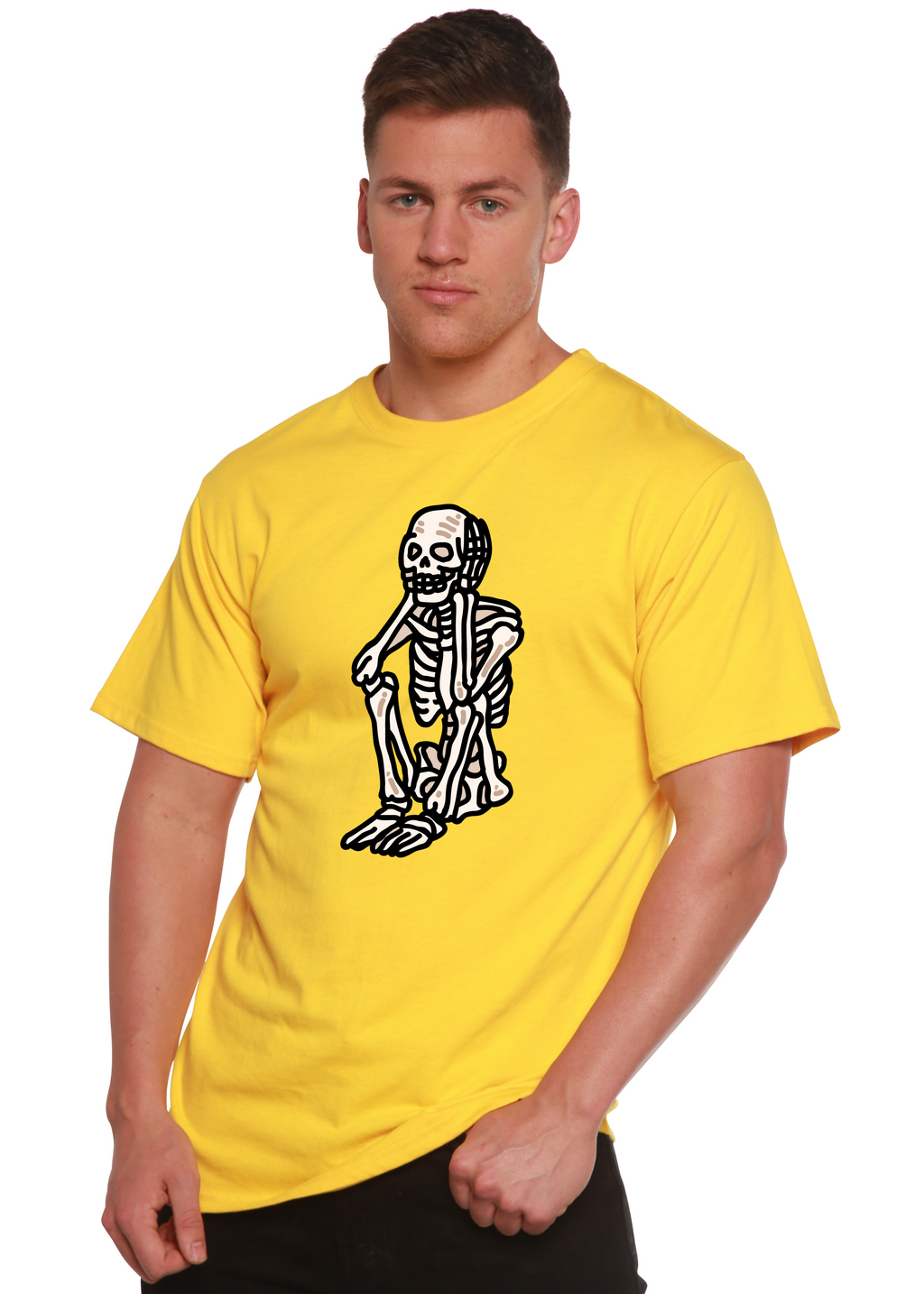 Sad Skeleton Halloween Unisex Bamboo Viscose/Organic Cotton Short Sleeve Graphic T-Shirt Spun Bamboo