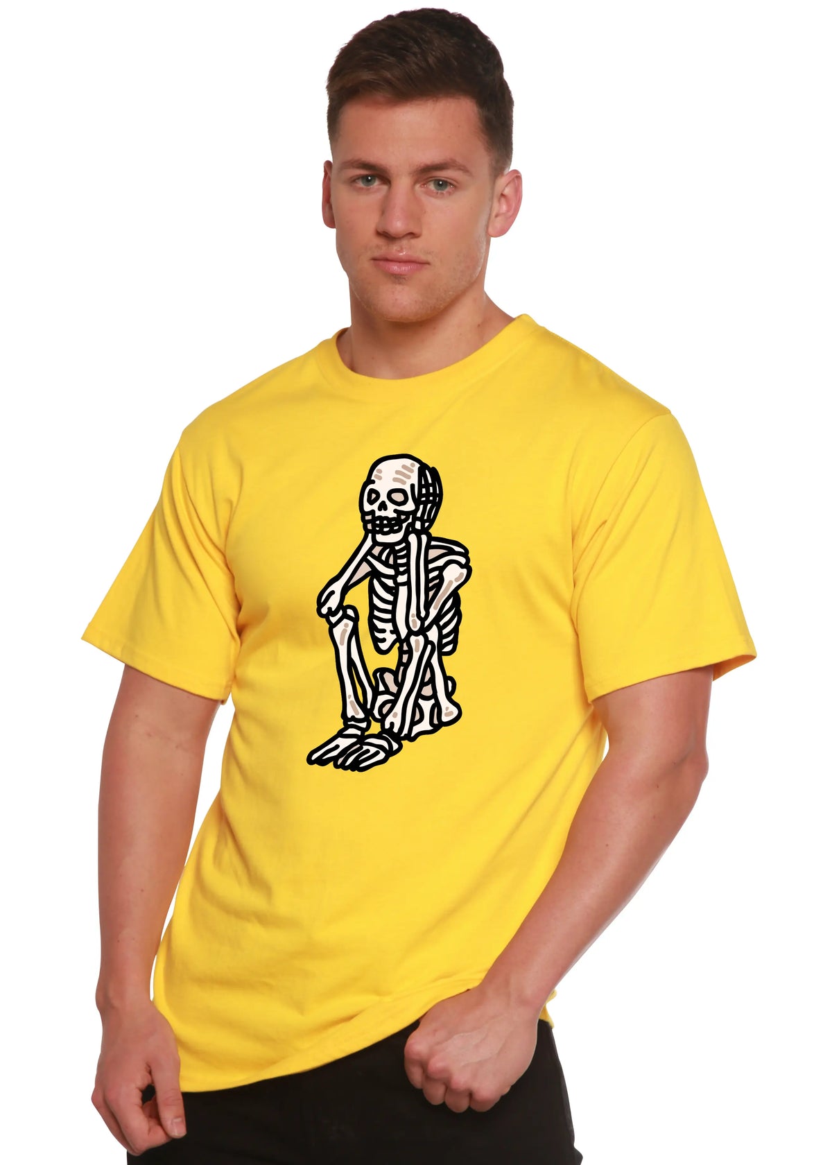 Sad Skeleton Halloween Unisex Bamboo Viscose/Organic Cotton Short Sleeve Graphic T-Shirt Spun Bamboo