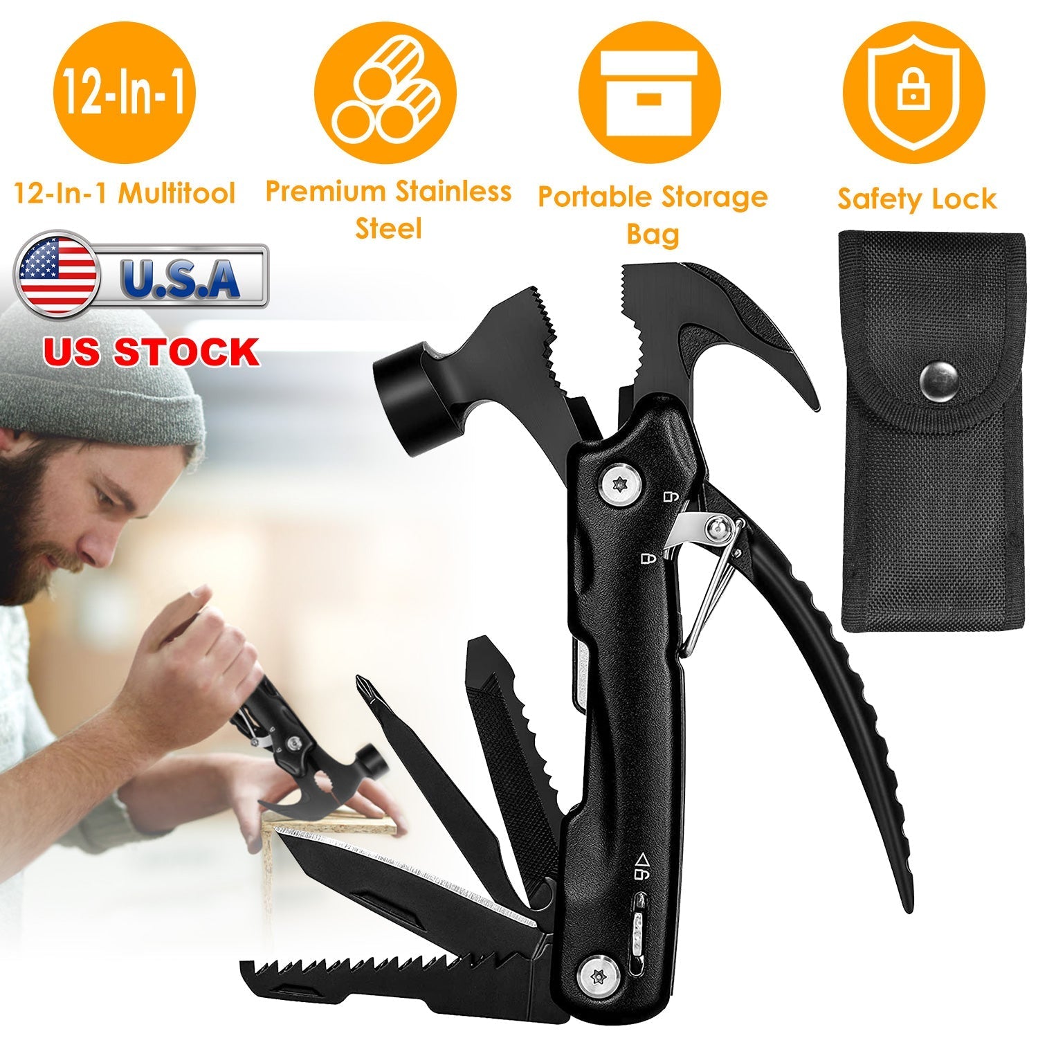 12 in 1 Hammer Multitool Portable Stainless Steel Mini Hammer Survival Tool Camping Gear Unique Gifts for Dad Husband Brother Boyfriend GemGear