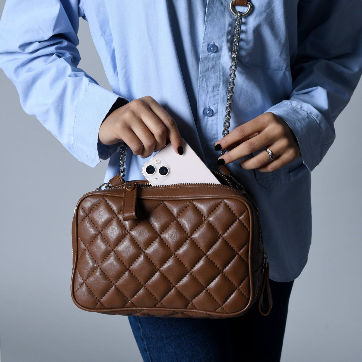 Mini Quilted Crossbody Bag, Rich Brown Classy Leather Bags