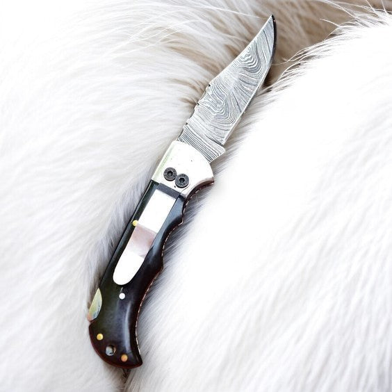 Handmade Damascus Pocket Clip Knife – Buffalo Horn Handle Damascus Knife Store
