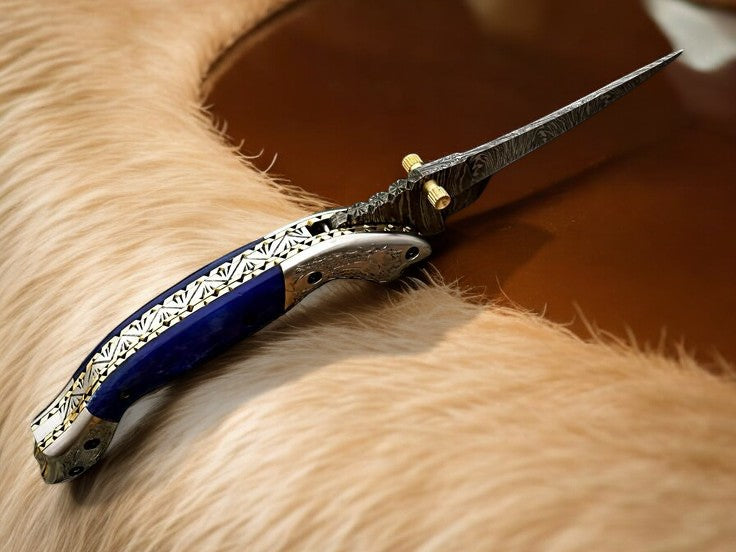 Handmade Damascus Pocket Knife – Blue Wood Handle Damascus Knife Store